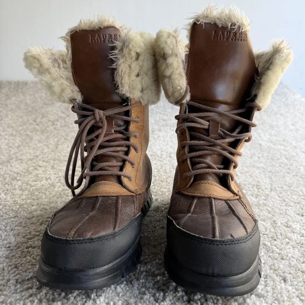 Lauren Ralph Lauren Boots Womens Size 8.5 Brown Leather Fur Trim Snow Qunta